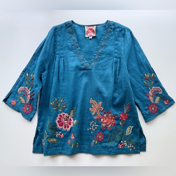 Johnny Was Messine V-Neck Top w/ Side Slits in Teal Floral Embroidered Linen S - Picture 6 of 15